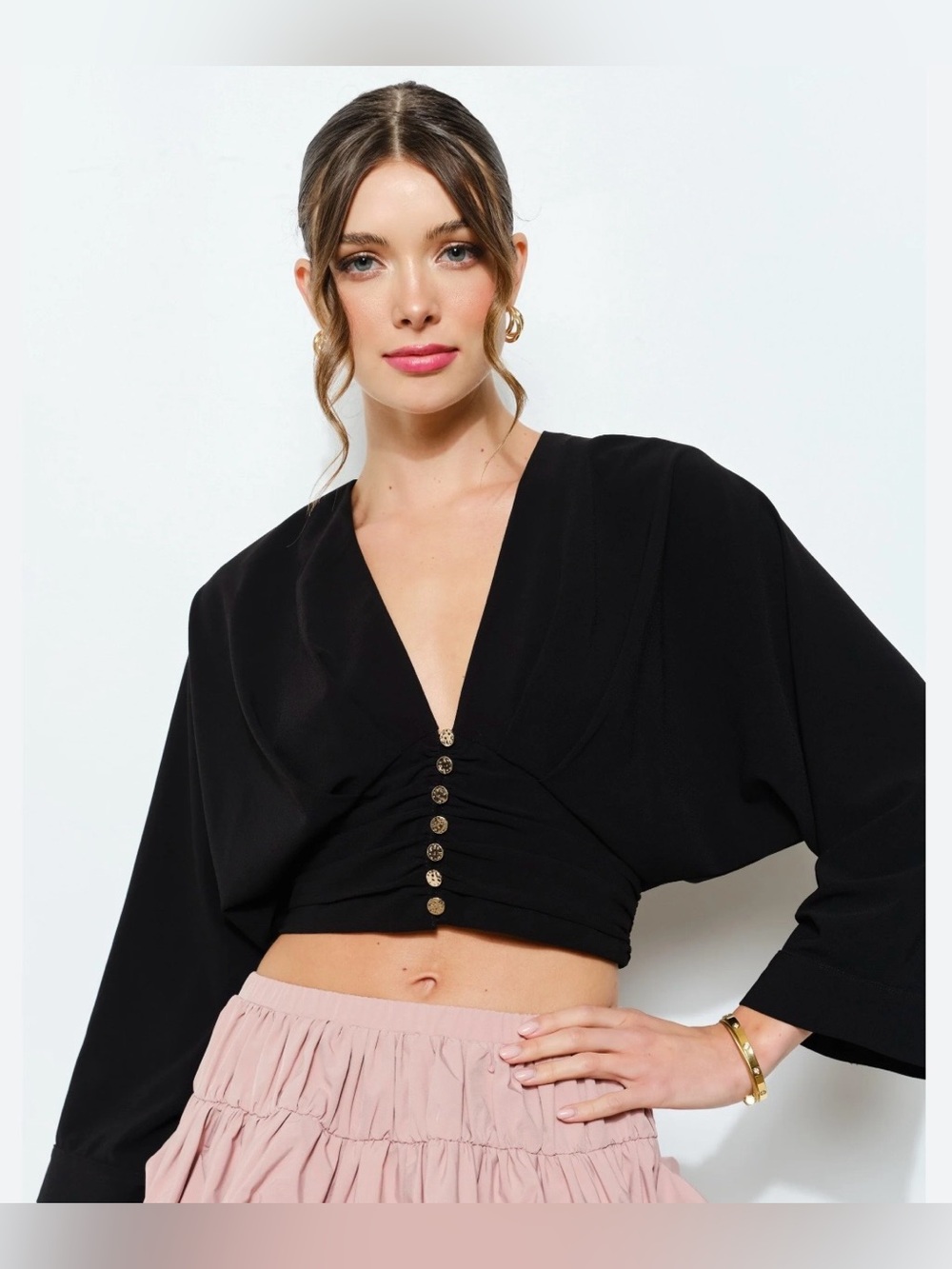Zara Black Ruched Button-Front Cropped Blouse